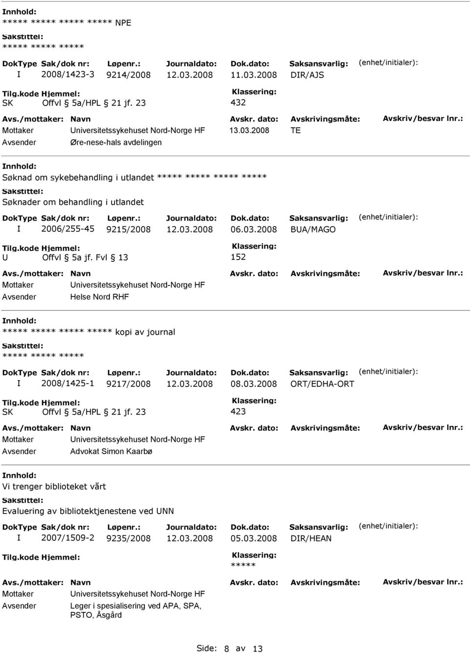 2008 BA/MAGO Offvl 5a jf. Fvl 13 Helse Nord RHF ***** kopi av journal 2008/1425-1 9217/2008 08.03.
