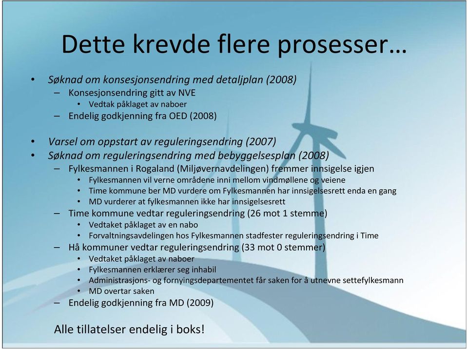 vindmøllene og veiene Time kommune ber MD vurdere om Fylkesmannen har innsigelsesrett enda en gang MD vurderer at fylkesmannen ikke har innsigelsesrett Time kommune vedtar reguleringsendring (26 mot