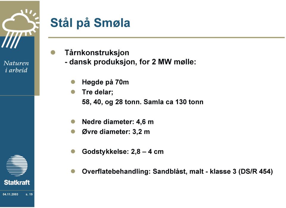 Samla ca 130 tonn Nedre diameter: 4,6 m Øvre diameter: 3,2 m