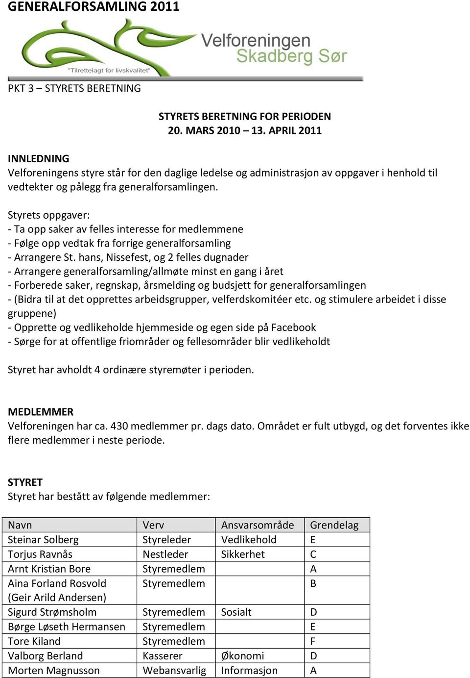 Styrets oppgaver: - Ta opp saker av felles interesse for medlemmene - Følge opp vedtak fra forrige generalforsamling - Arrangere St.