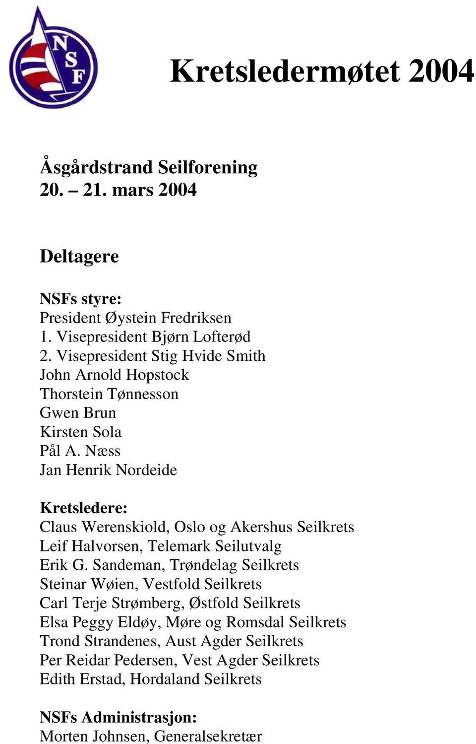 Næss Jan Henrik Nordeide Kretsledere: Claus Werenskiold, Oslo og Akershus Seilkrets Leif Halvorsen, Telemark Seilutvalg Erik G.