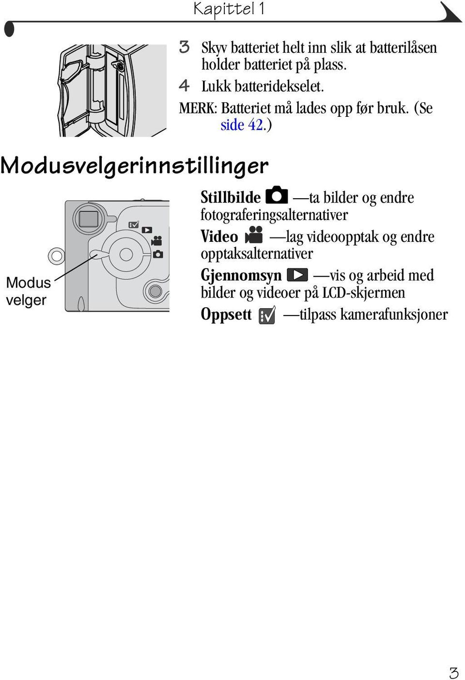 MERK: Batteriet må lades opp før bruk. (Se side 42.