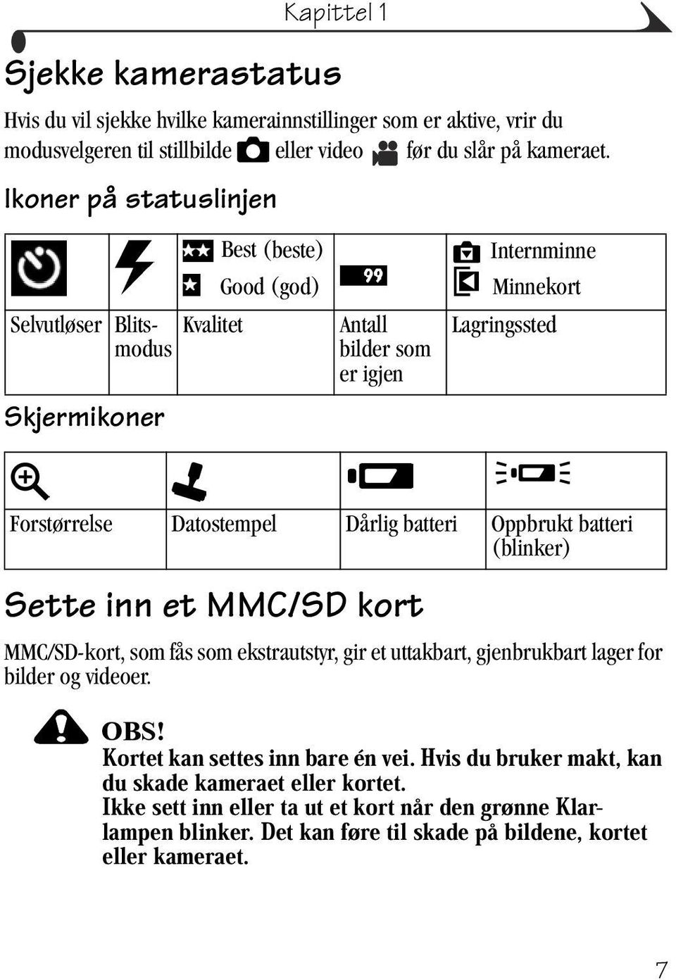 Ikoner på statuslinjen Selvutløser Blitsmodus Kvalitet Skjermikoner Best (beste) Good (god) Antall bilder som er igjen