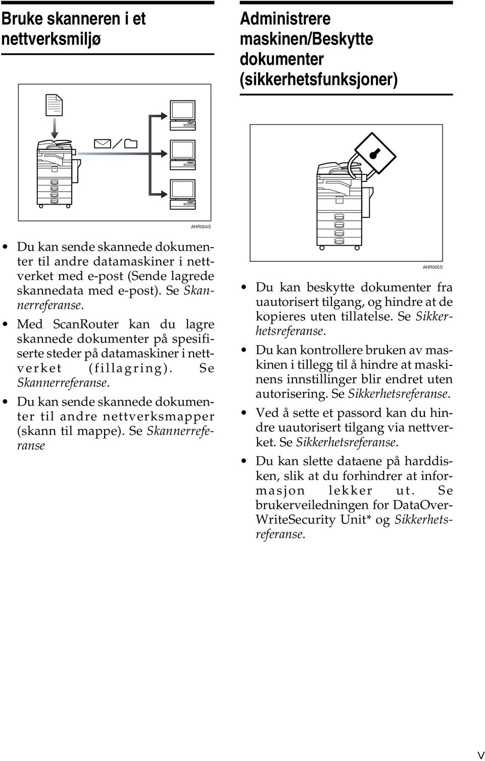 Se Skannerreferanse AHR005S Du kan beskytte dokumenter fra uautorisert tilgang, og hindre at de kopieres uten tillatelse. Se Sikkerhetsreferanse.