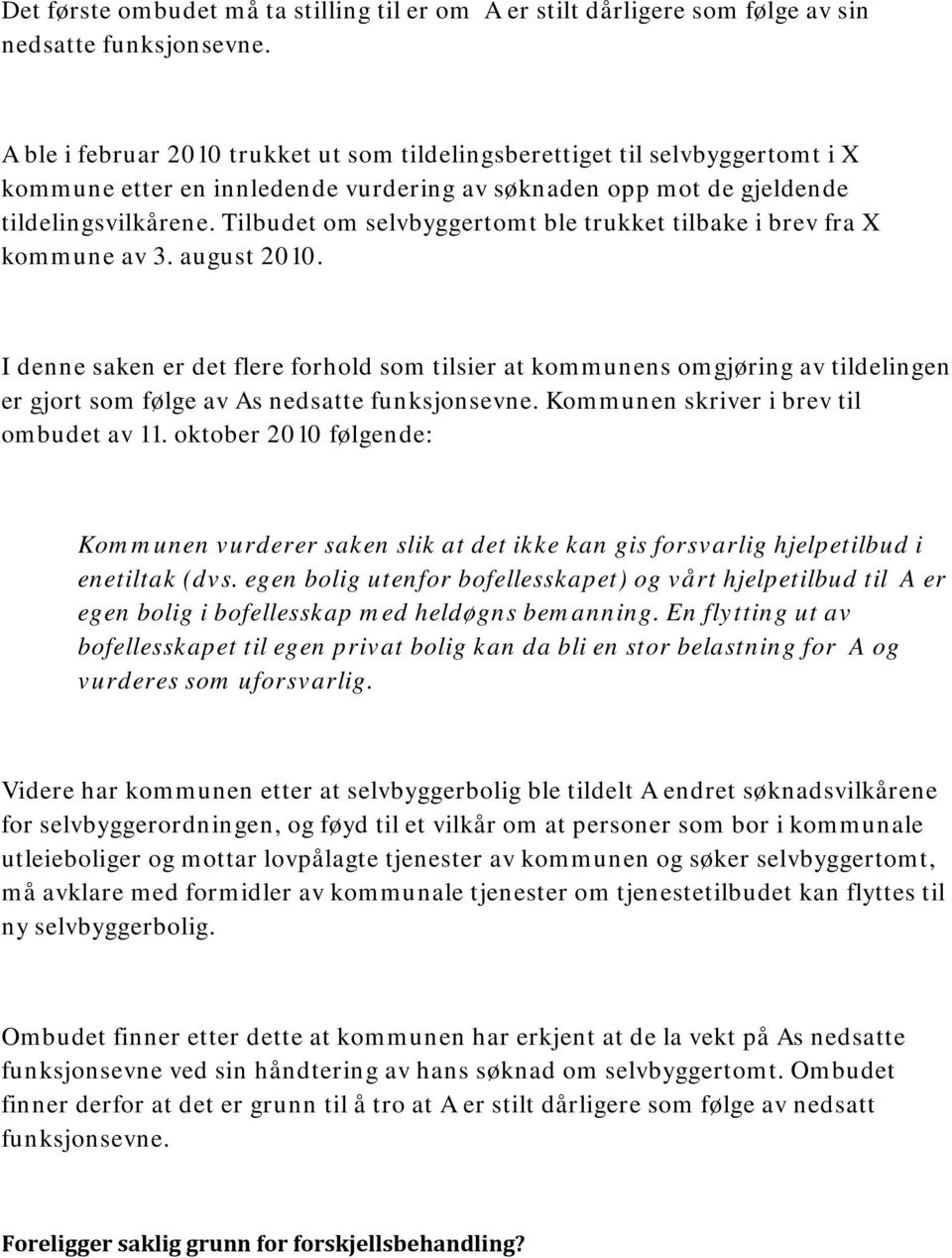 Tilbudet om selvbyggertomt ble trukket tilbake i brev fra X kommune av 3. august 2010.