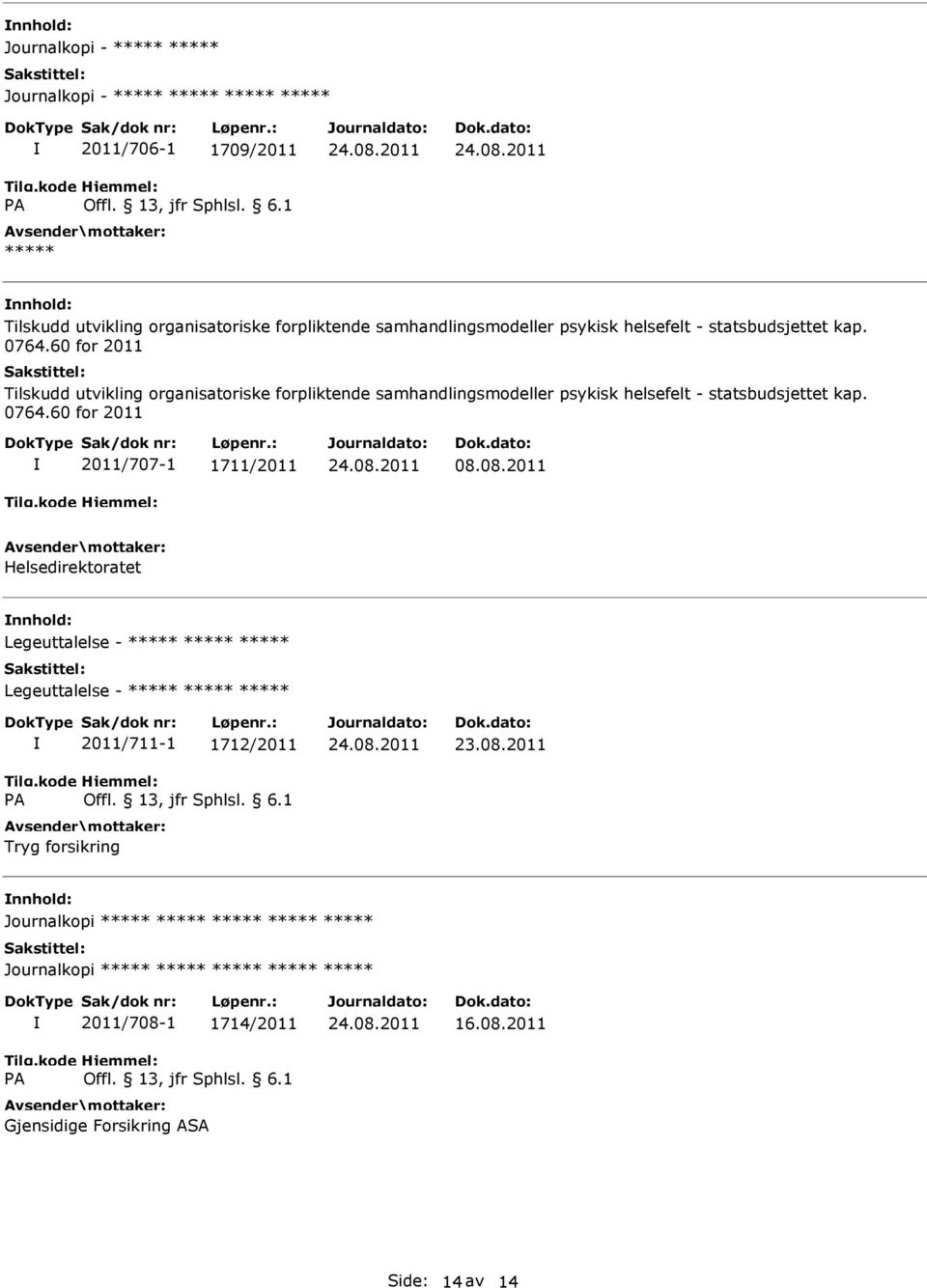 08.2011 Helsedirektoratet Legeuttalelse - ***** ***** ***** Legeuttalelse - ***** ***** ***** 2011/711-1 1712/2011 Tryg forsikring Journalkopi ***** *****