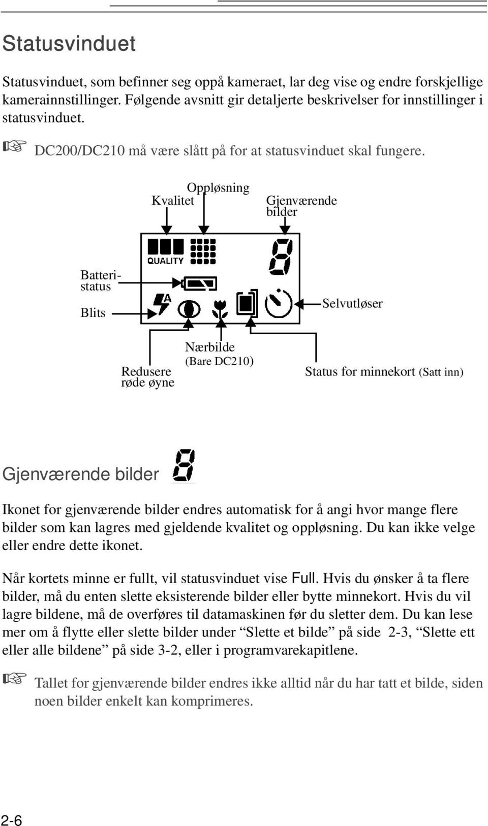 Oppløsning Kvalitet Gjenværende bilder Batteristatus Blits Redusere røde øyne Nærbilde (Bare DC210) Selvutløser Status for minnekort (Satt inn) Gjenværende bilder Ikonet for gjenværende bilder endres