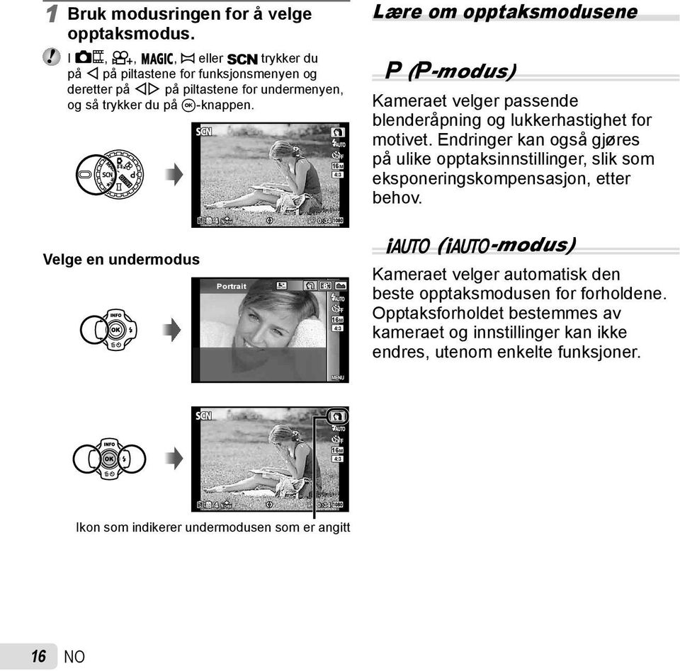 16M 4:3 Lære om opptaksmodusene P (P-modus) Kameraet velger passende blenderåpning og lukkerhastighet for motivet.