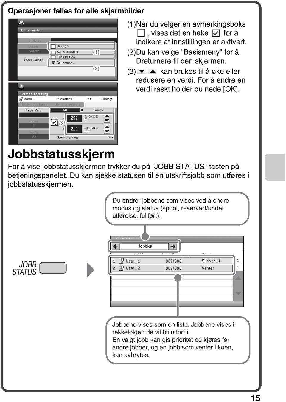 (3) Jobbstatusskjerm For å vise jobbstatusskjermen trykker du på [JOBB STATUS]-tasten på betjeningspanelet. Du kan sjekke statusen til en utskriftsjobb som utføres i jobbstatusskjermen.