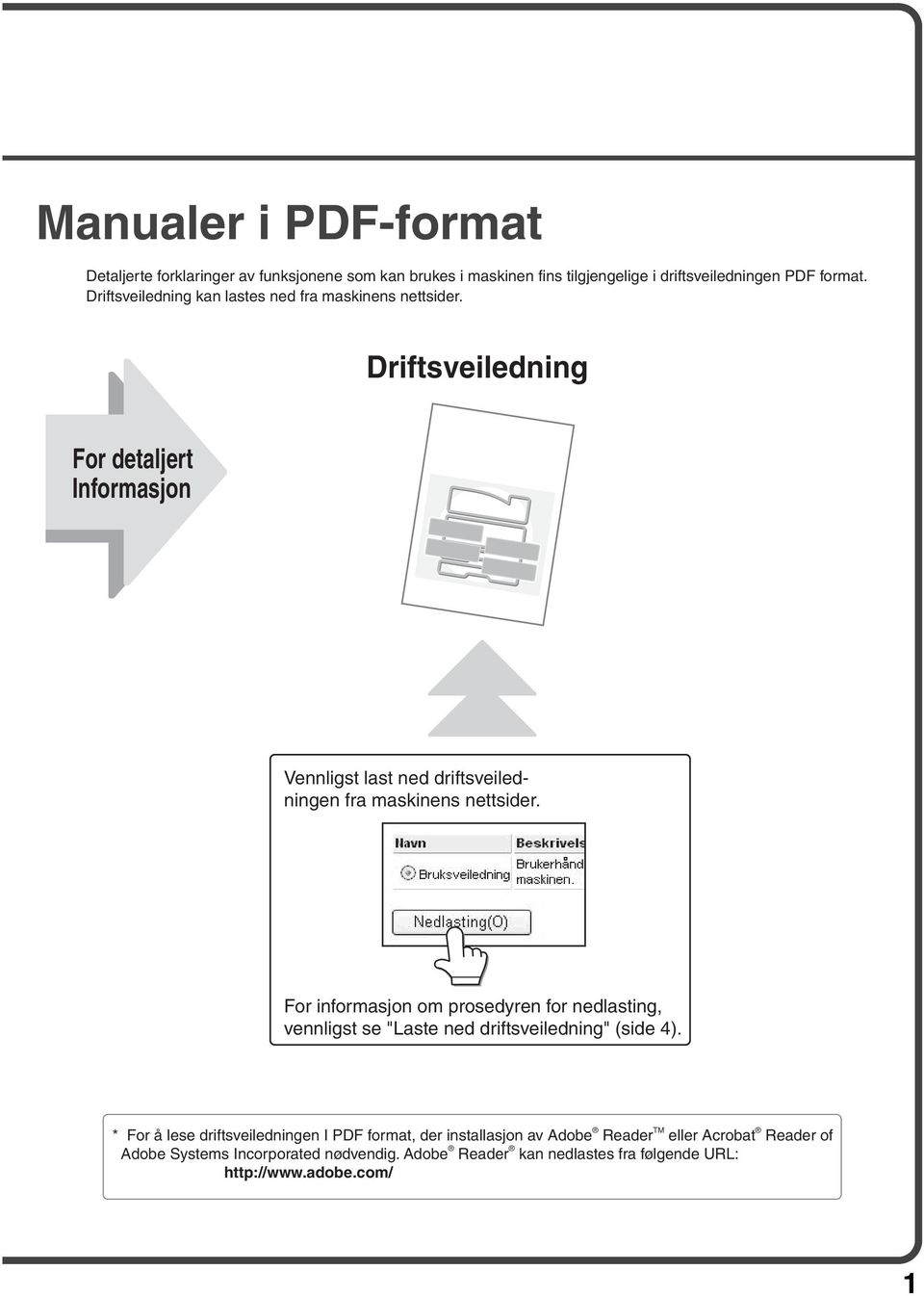 Driftsveiledning For detaljert Informasjon Vennligst last ned driftsveiledningen fra maskinens nettsider.