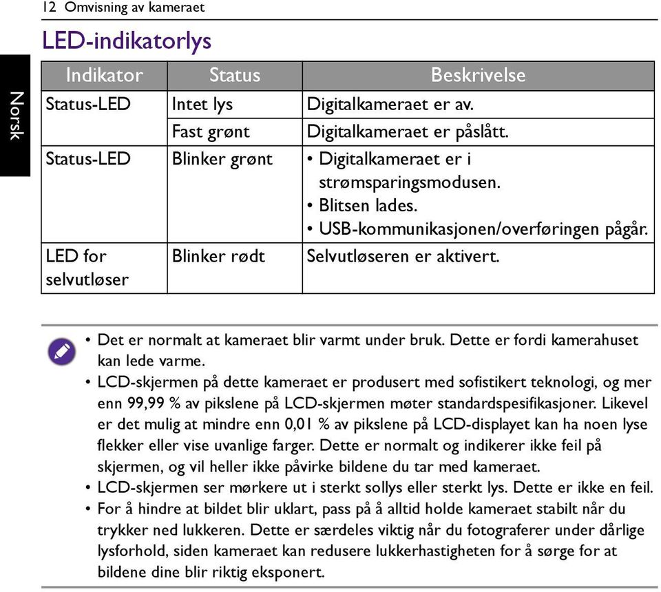 Det er normalt at kameraet blir varmt under bruk. Dette er fordi kamerahuset kan lede varme.