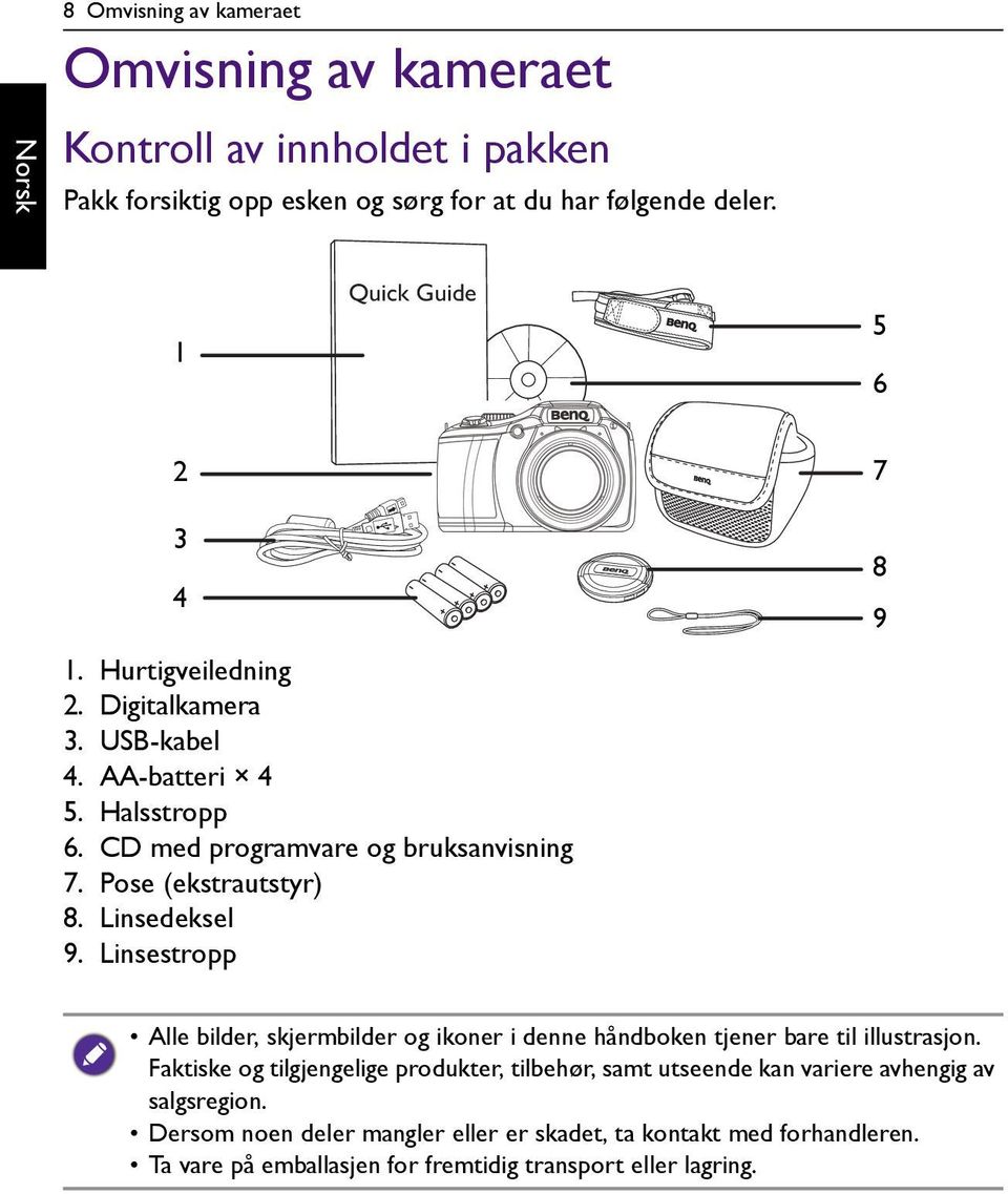 Pose (ekstrautstyr) 8. Linsedeksel 9. Linsestropp 8 9 Alle bilder, skjermbilder og ikoner i denne håndboken tjener bare til illustrasjon.