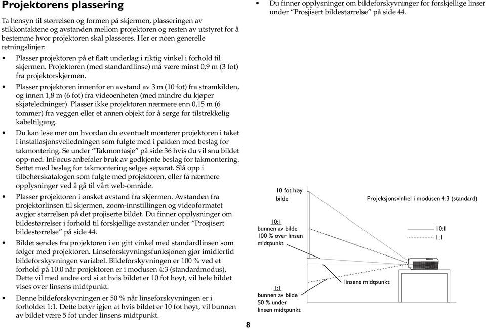 Projektoren (med standardlinse) må være minst 0,9 m (3 fot) fra projektorskjermen.