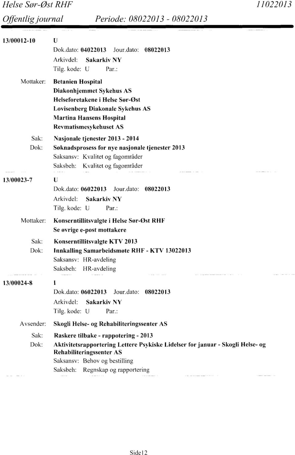 2013-2014 Dok: Søknadsprosess for nye nasjonale tjenester 2013 Saksansv: Kvalitet og fagområder 13/00023-7 Mottaker: Konserntillitsvalgte i Helse Sør-Øst RHF Se øvrige e-post mottakere Sak: