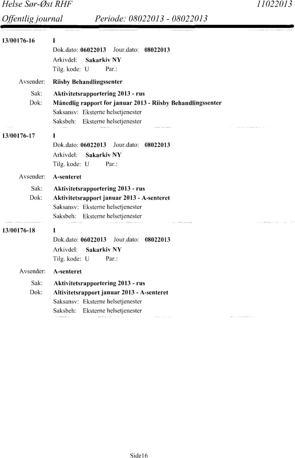 Aktivitetsrapportering 2013 - rus Dok: Aktivitetsrapport januar 2013 - A-senteret 13/00176-18 1 Avsender: