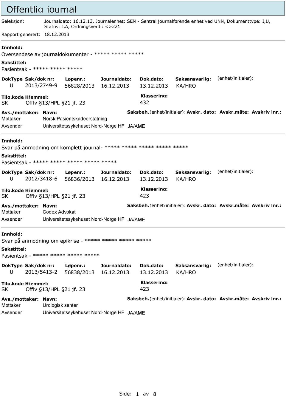 2013 Oversendese av journaldokumenter - ***** ***** ***** 2013/2749-9 56828/2013 Mottaker Norsk Pasientskadeerstatning JA/AME Svar på