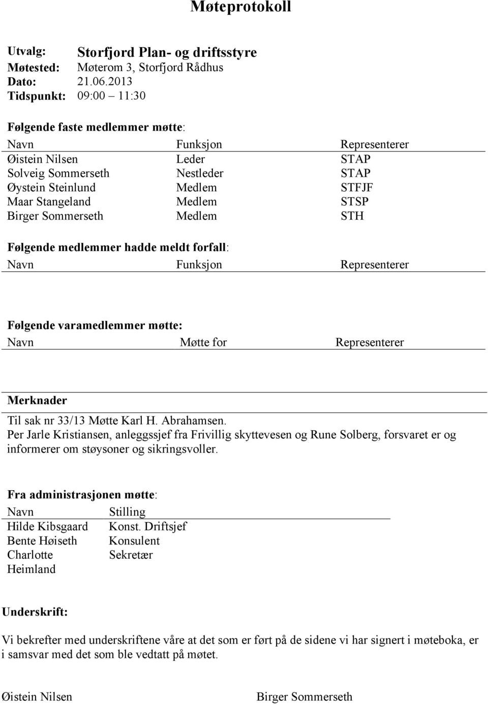 Medlem STSP Birger Sommerseth Medlem STH Følgende medlemmer hadde meldt forfall: Navn Funksjon Representerer Følgende varamedlemmer møtte: Navn Møtte for Representerer Merknader Til sak nr 33/13