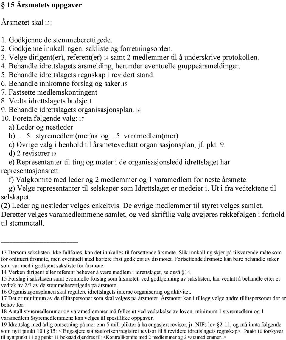 Behandle idrettslagets regnskap i revidert stand. 6. Behandle innkomne forslag og saker.15 7. Fastsette medlemskontingent 8. Vedta idrettslagets budsjett 9. Behandle idrettslagets organisasjonsplan.