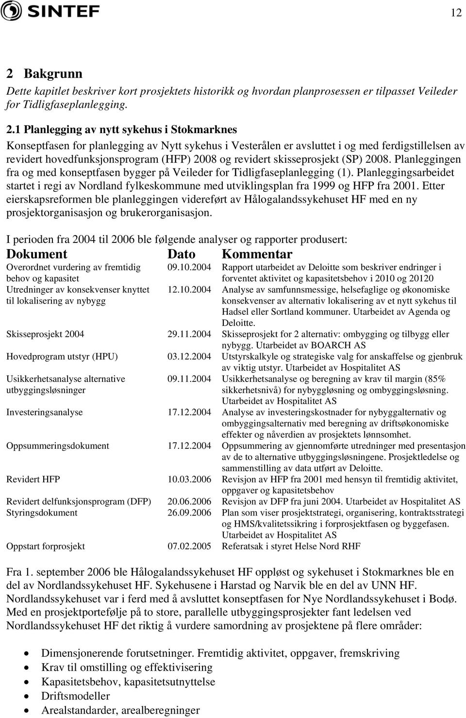 Planleggingen fra og med konseptfasen bygger på Veileder for Tidligfaseplanlegging (1). Planleggingsarbeidet startet i regi av Nordland fylkeskommune med utviklingsplan fra 1999 og HFP fra 2001.