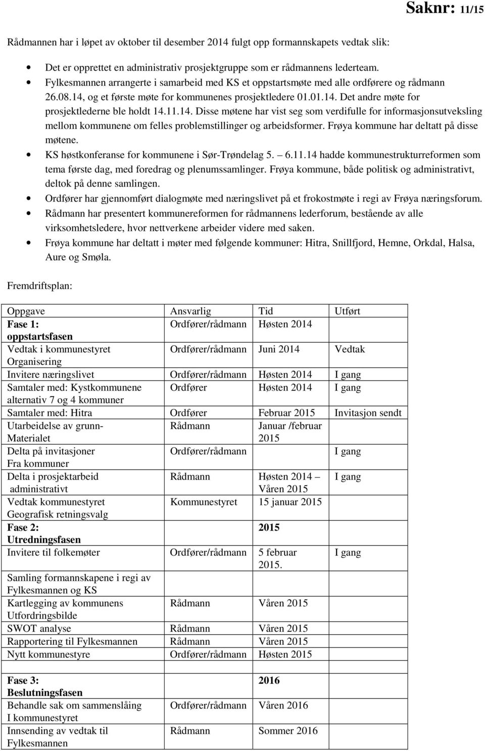 11.14. Disse møtene har vist seg som verdifulle for informasjonsutveksling mellom kommunene om felles problemstillinger og arbeidsformer. Frøya kommune har deltatt på disse møtene.