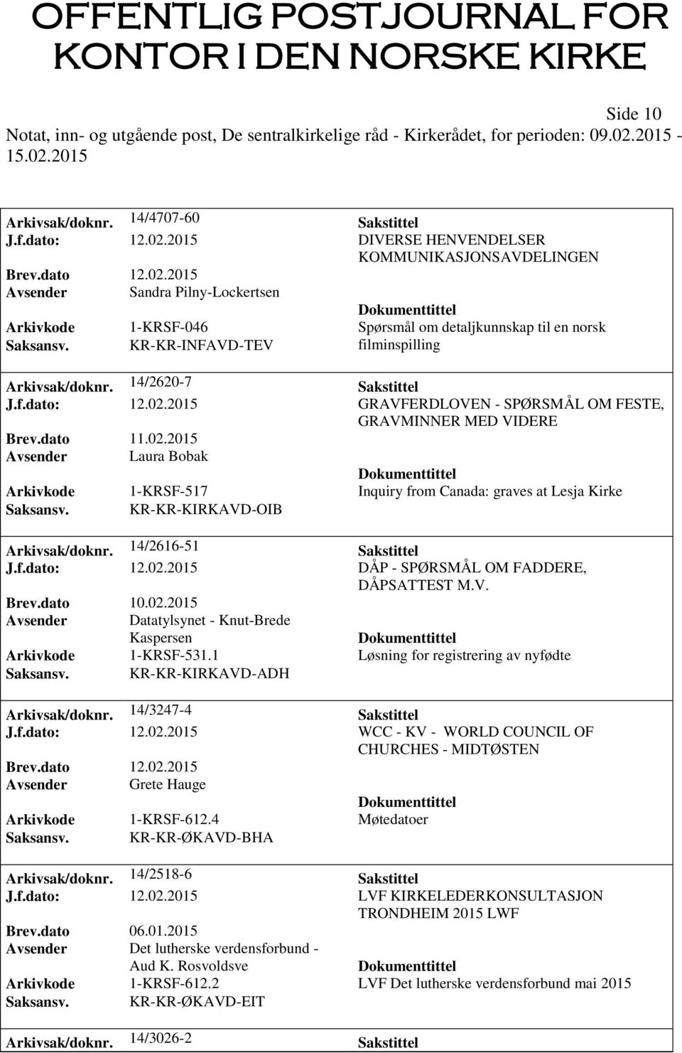 KR-KR-INFAVD-TEV filminspilling Arkivsak/doknr. 14/2620-7 Sakstittel J.f.dato: 12.02.