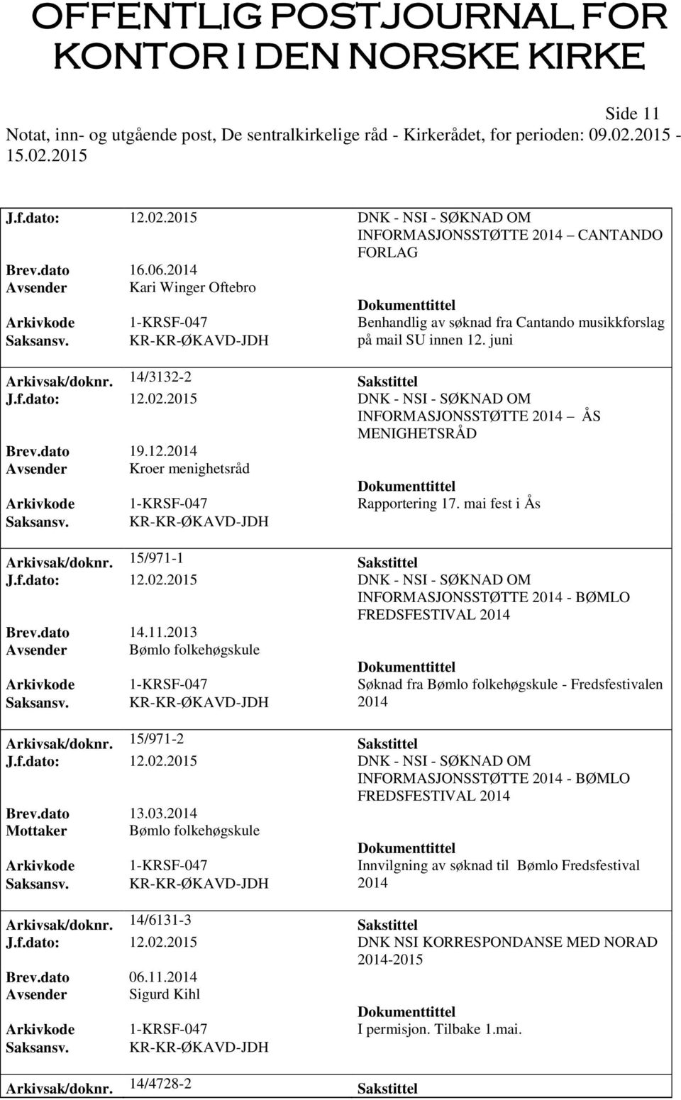 2015 DNK - NSI - SØKNAD OM INFORMASJONSSTØTTE 2014 ÅS MENIGHETSRÅD Brev.dato 19.12.2014 Avsender Kroer menighetsråd Arkivkode 1-KRSF-047 Rapportering 17. mai fest i Ås Arkivsak/doknr.