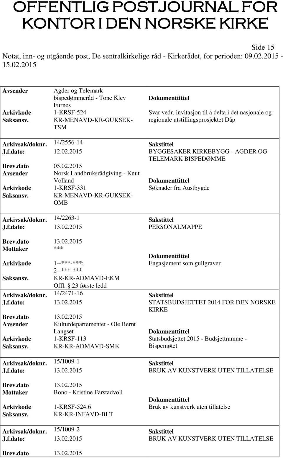 14/2263-1 Sakstittel J.f.dato: 13.02.2015 PERSONALMAPPE Mottaker *** Arkivkode 1--***-***; 2--***-*** Saksansv. KR-KR-ADMAVD-EKM Offl. 23 første ledd Engasjement som gullgraver Arkivsak/doknr.