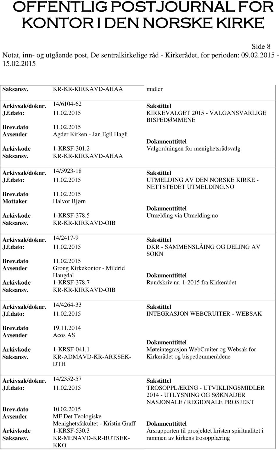 14/5923-18 Sakstittel J.f.dato: 11.02.2015 UTMELDING AV DEN NORSKE KIRKE - NETTSTEDET UTMELDING.NO Mottaker Halvor Bjørn Arkivkode 1-KRSF-378.5 Utmelding via Utmelding.no Saksansv.