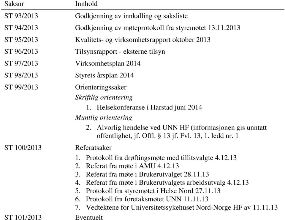 101/2013 Orienteringssaker Skriftlig orientering 1. Helsekonferanse i Harstad juni 2014 Muntlig orientering 2. Alvorlig hendelse ved UNN HF (informasjonen gis unntatt offentlighet, jf. Offl. 13 jf.