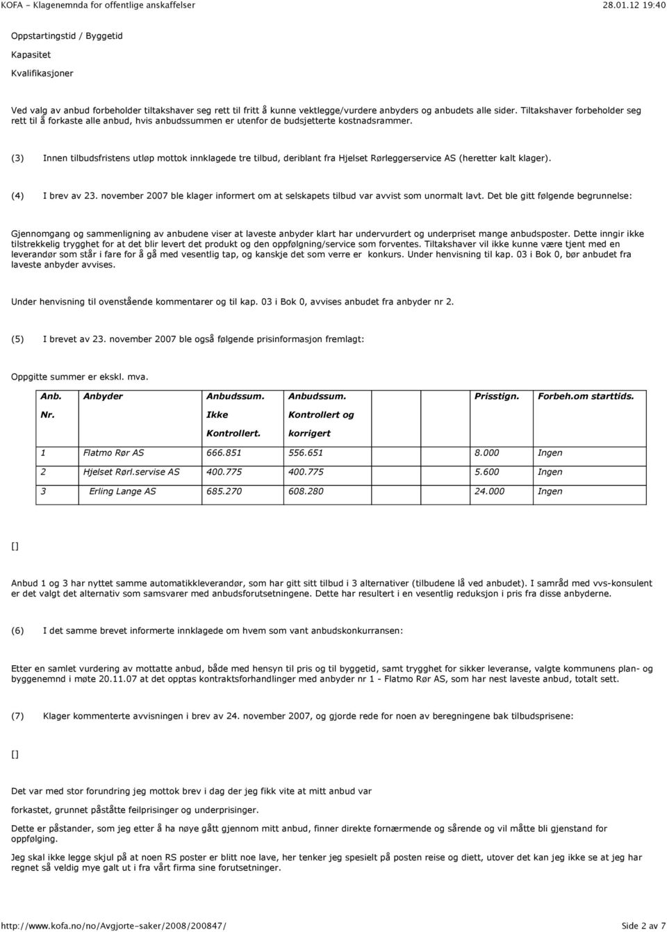 (3) Innen tilbudsfristens utløp mottok innklagede tre tilbud, deriblant fra Hjelset Rørleggerservice AS (heretter kalt klager). (4) I brev av 23.