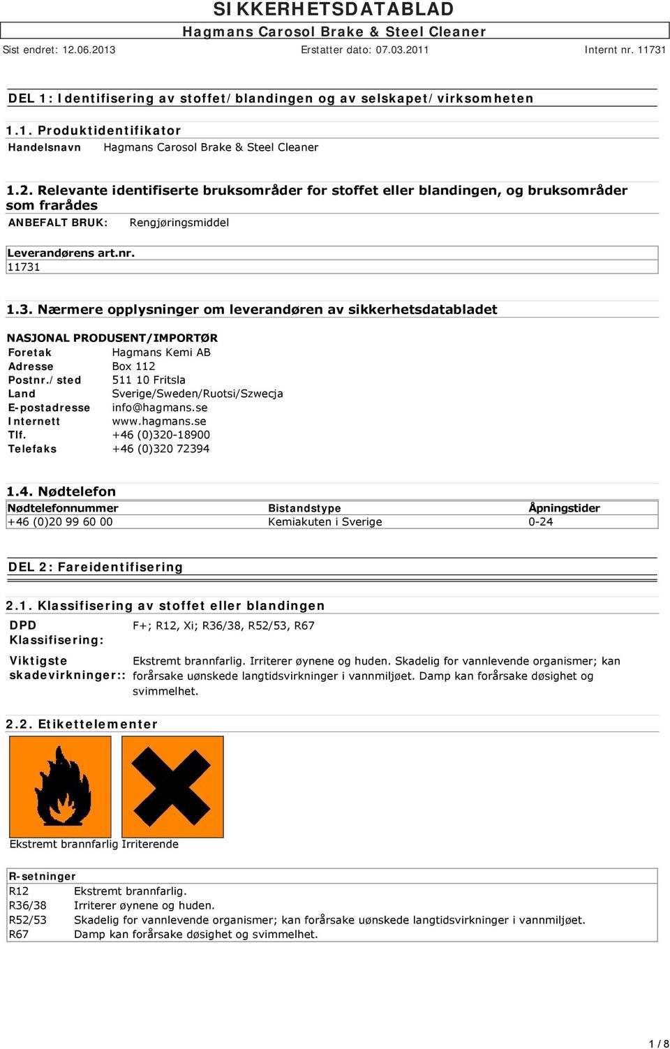 1.3. Nærmere opplysninger om leverandøren av sikkerhetsdatabladet NASJONAL PRODUSENT/IMPORTØR Foretak Hagmans Kemi AB Adresse Box 112 Postnr.