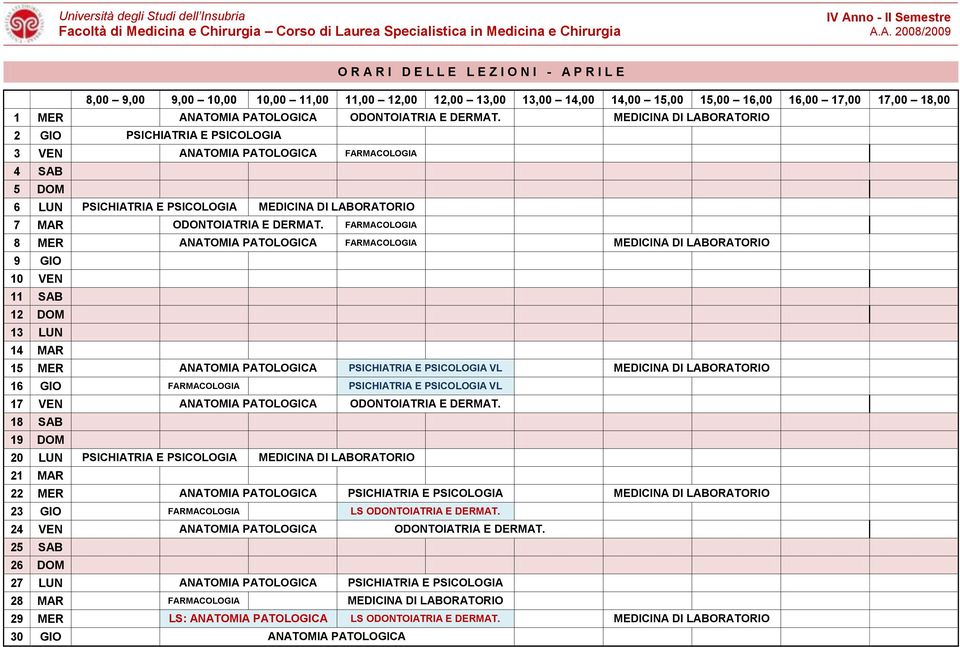 FARMACOLOGIA 8 MER ANATOMIA PATOLOGICA FARMACOLOGIA MEDICINA DI LABORATORIO 9 GIO 10 VEN 11 SAB 12 DOM 13 LUN 14 MAR 15 MER ANATOMIA PATOLOGICA PSICHIATRIA E PSICOLOGIA VL MEDICINA DI LABORATORIO 16