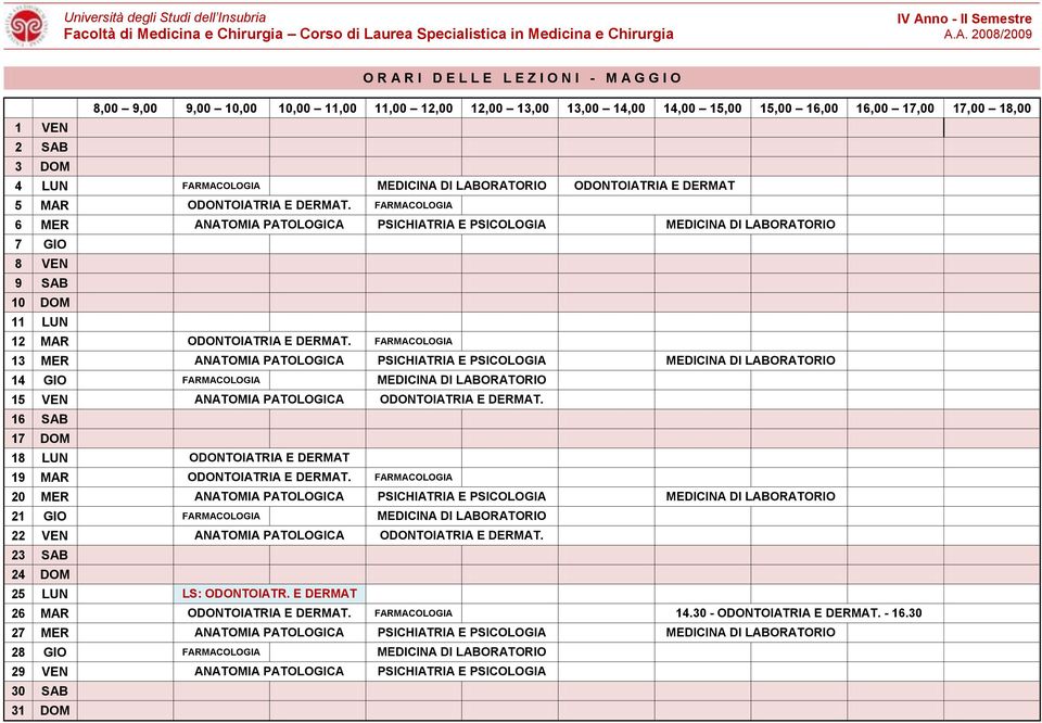 FARMACOLOGIA 13 MER ANATOMIA PATOLOGICA PSICHIATRIA E PSICOLOGIA MEDICINA DI LABORATORIO 14 GIO FARMACOLOGIA MEDICINA DI LABORATORIO 15 VEN ANATOMIA PATOLOGICA ODONTOIATRIA E DERMAT.