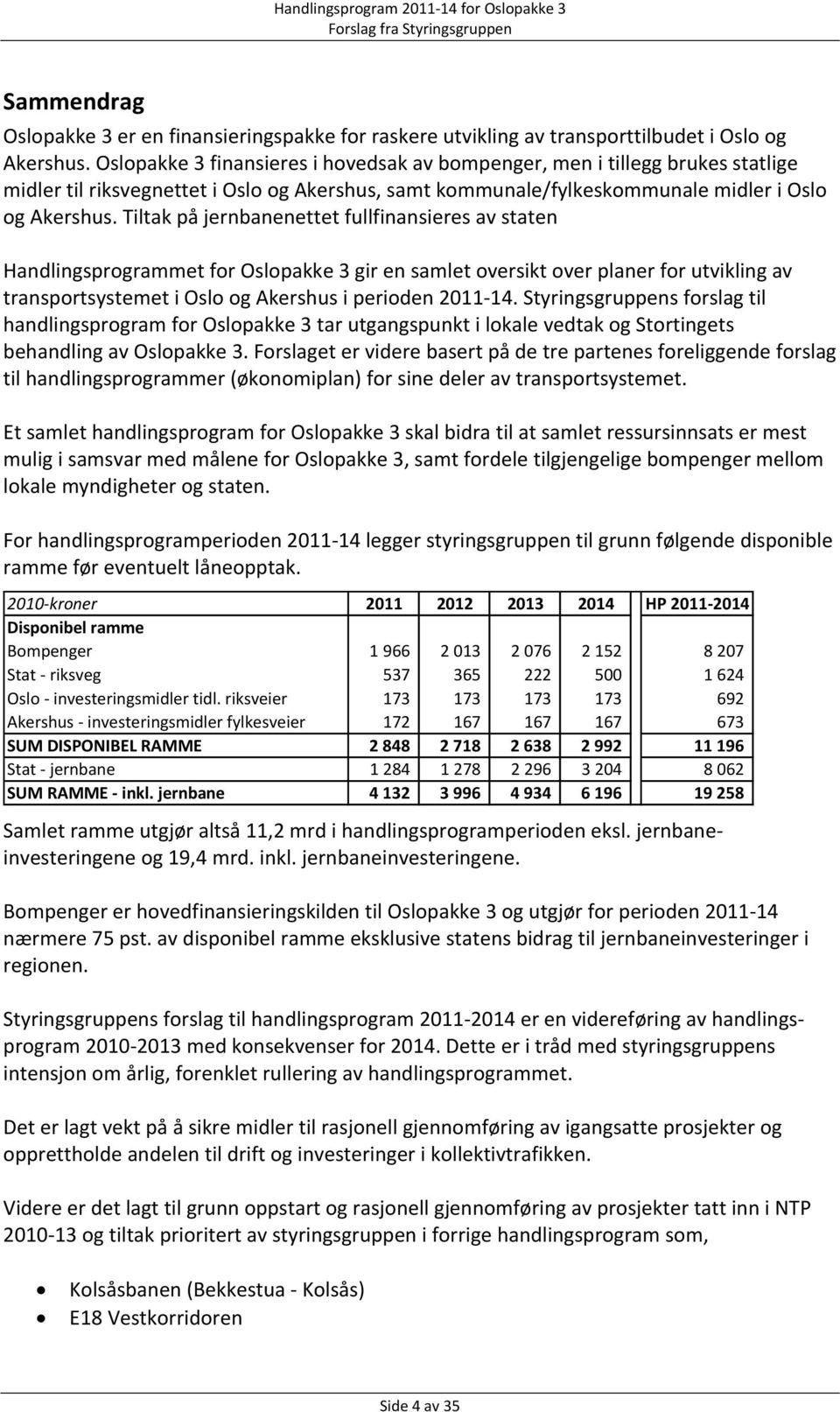 Tiltak på jernbanenettet fullfinansieres av staten Handlingsprogrammet for Oslopakke 3 gir en samlet oversikt over planer for utvikling av transportsystemet i Oslo og Akershus i perioden 2011 14.