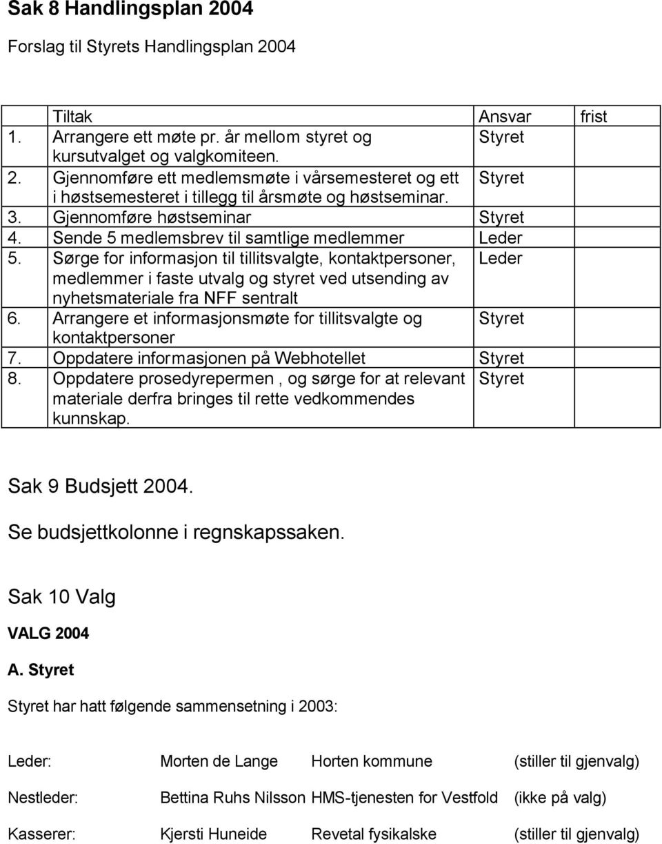 Sørge for informasjon til tillitsvalgte, kontaktpersoner, Leder medlemmer i faste utvalg og styret ved utsending av nyhetsmateriale fra NFF sentralt 6.