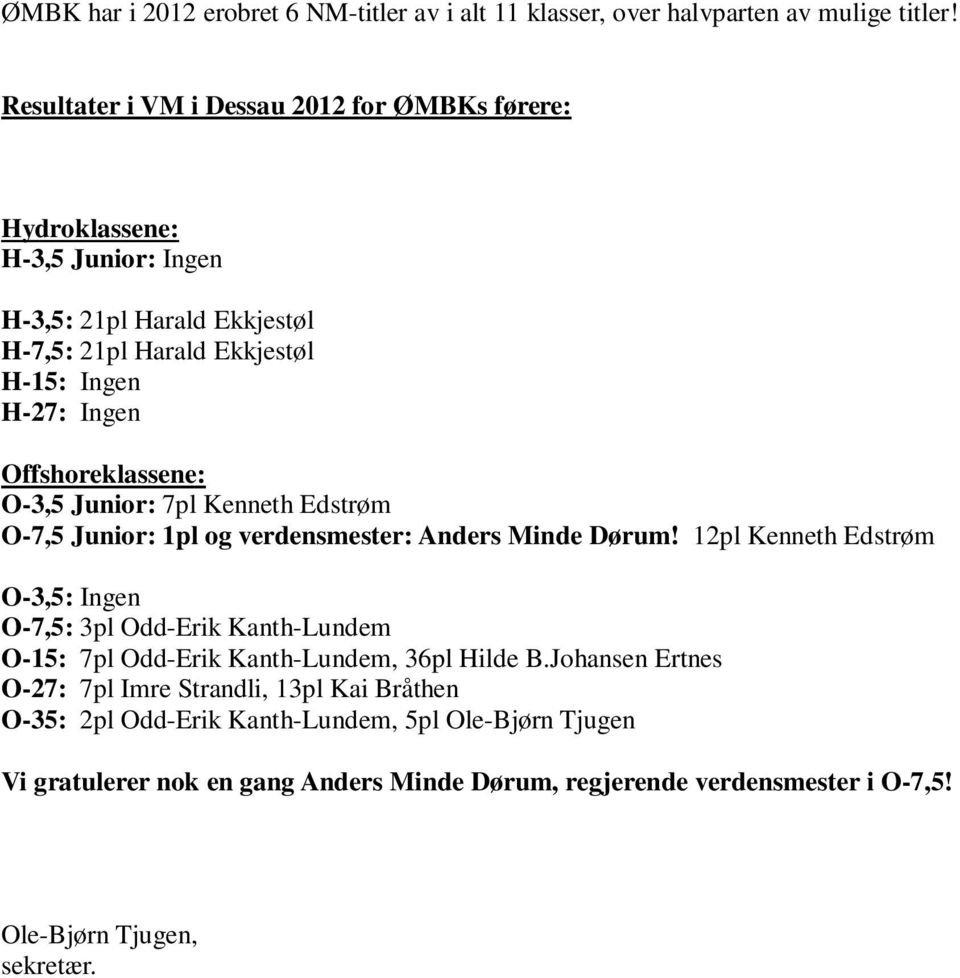 Offshoreklassene: O-3,5 Junior: 7pl Kenneth Edstrøm O-7,5 Junior: 1pl og verdensmester: Anders Minde Dørum!