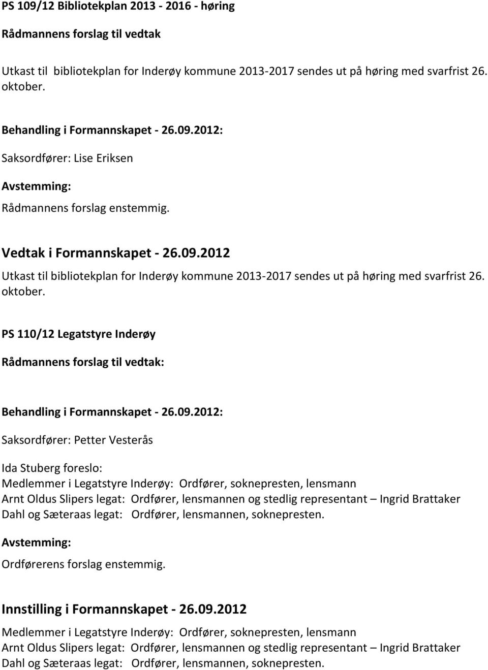 PS 110/12 Legatstyre Inderøy : Saksordfører: Petter Vesterås Ida Stuberg foreslo: Medlemmer i Legatstyre Inderøy: Ordfører, soknepresten, lensmann Arnt Oldus Slipers legat: Ordfører, lensmannen og