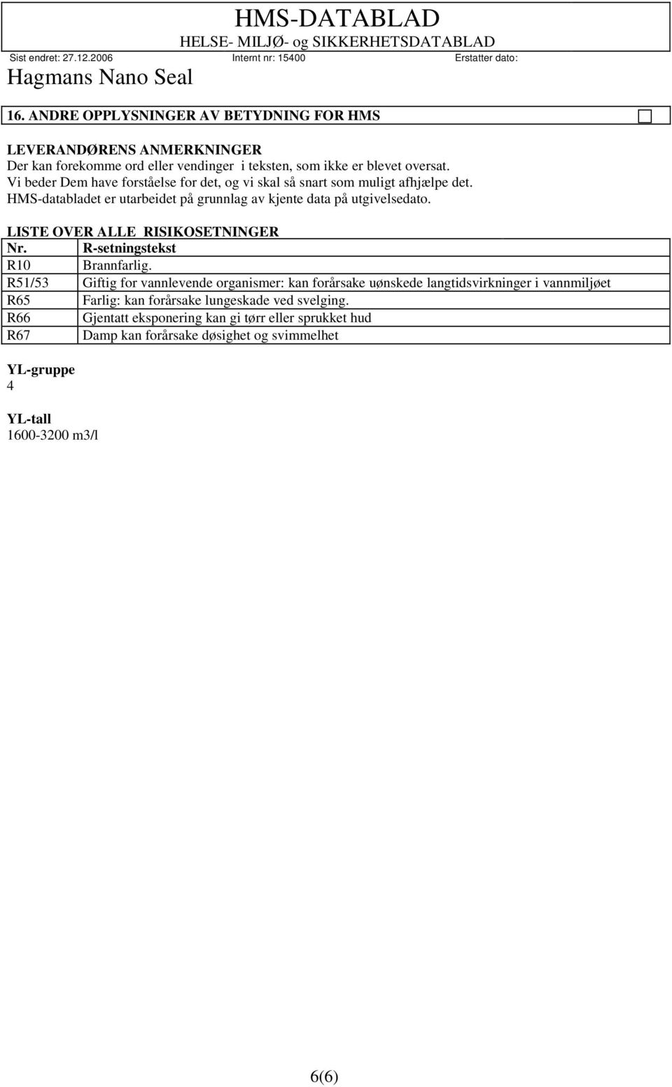 LISTE OVER ALLE RISIKOSETNINGER Nr. R-setningstekst R10 Brannfarlig.