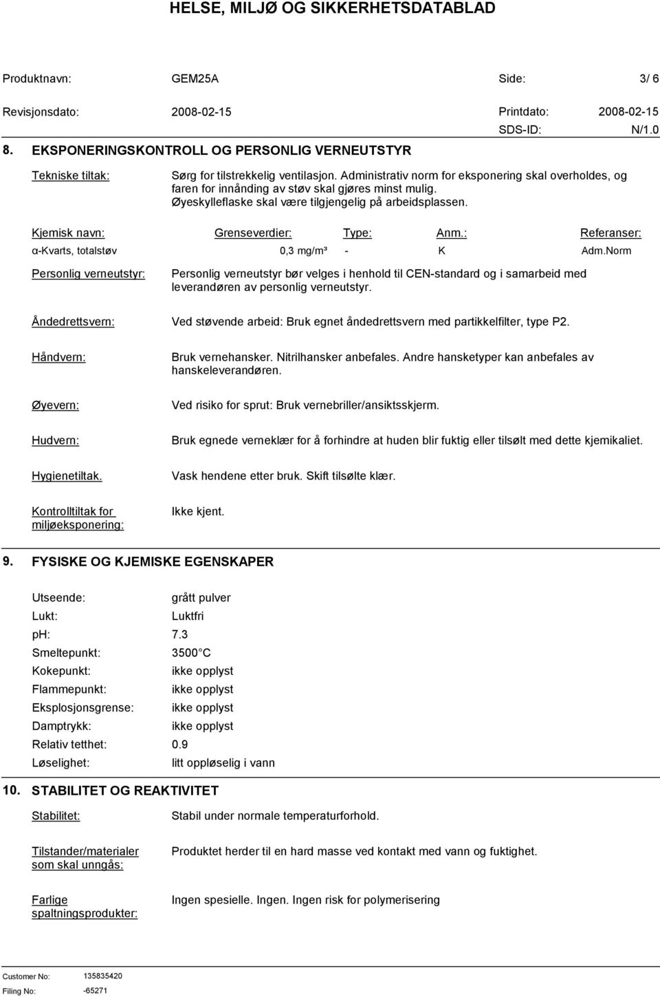 Kjemisk navn: Grenseverdier: Type: Anm.: Referanser: α-kvarts, totalstøv 0,3 mg/m³ - K Adm.