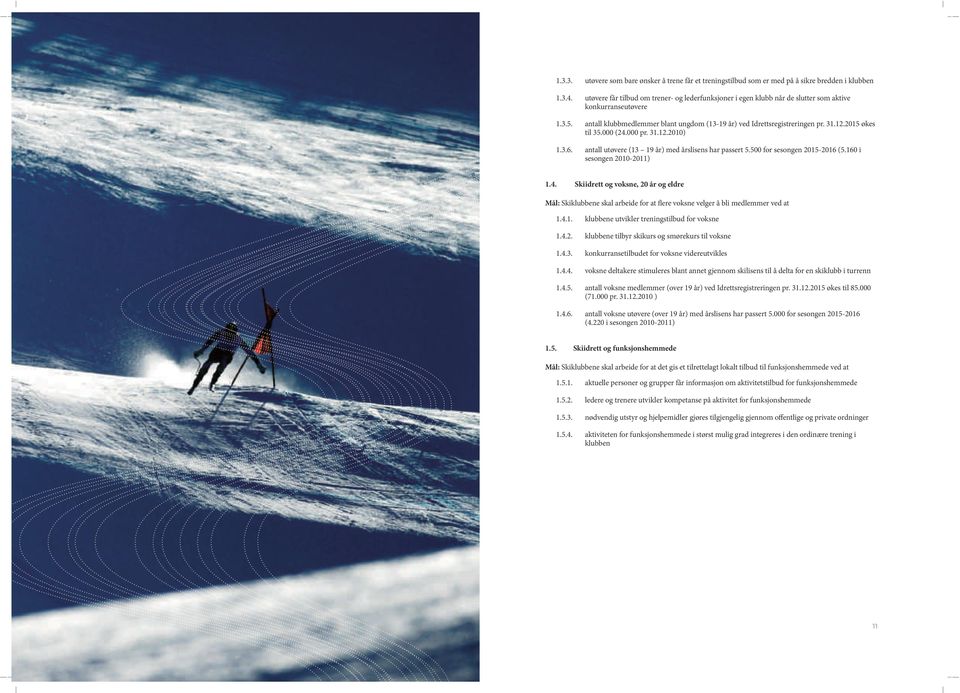 2015 økes til 35.000 (24.000 pr. 31.12.2010) 1.3.6. antall utøvere (13 19 år) med årslisens har passert 5.500 for sesongen 2015-2016 (5.160 i sesongen 2010-2011) 1.4. Skiidrett og voksne, 20 år og eldre Mål: Skiklubbene skal arbeide for at flere voksne velger å bli medlemmer ved at 1.