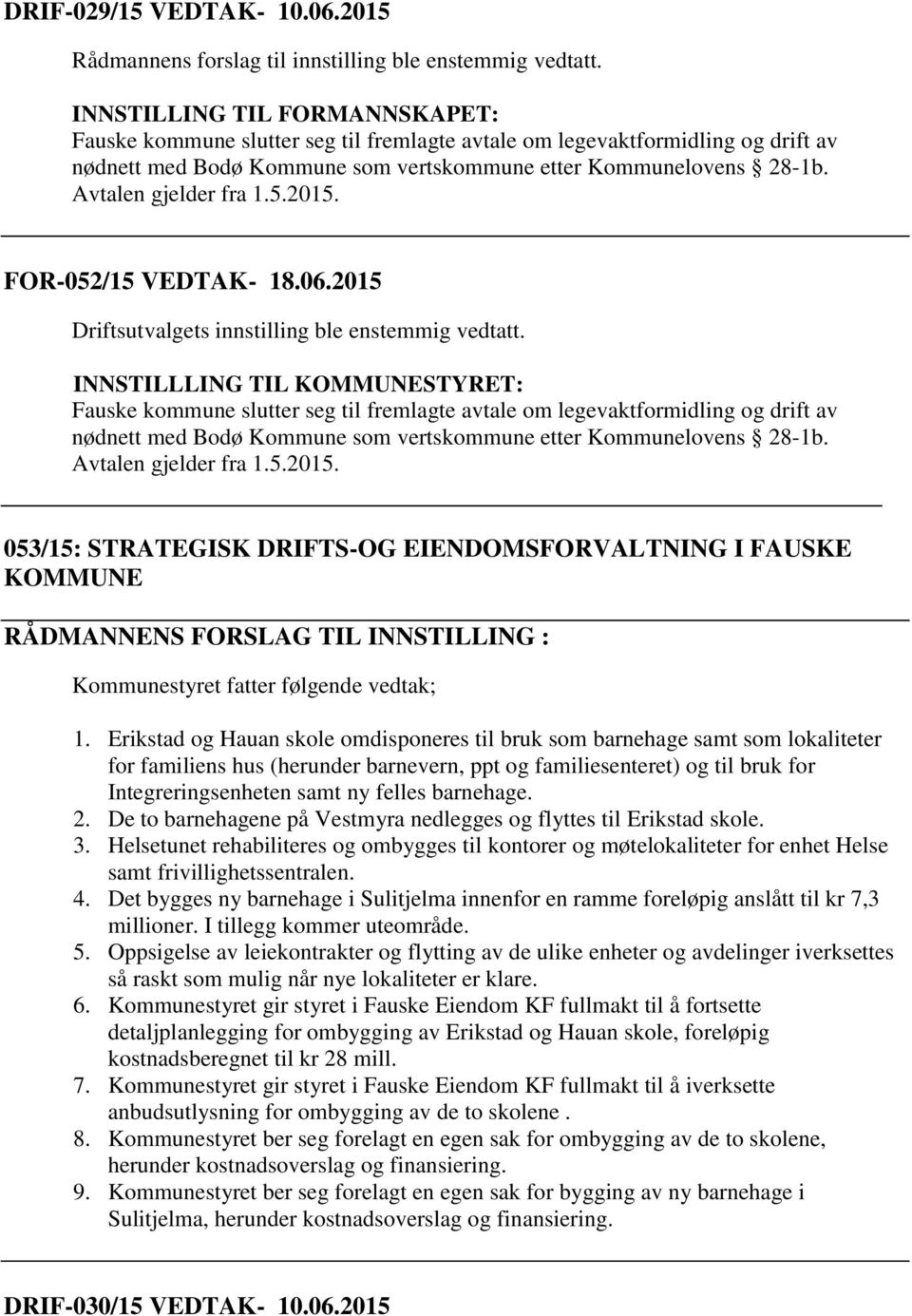 Avtalen gjelder fra 1.5.2015. FOR-052/15 VEDTAK- 18.06.2015 Driftsutvalgets innstilling ble enstemmig vedtatt.