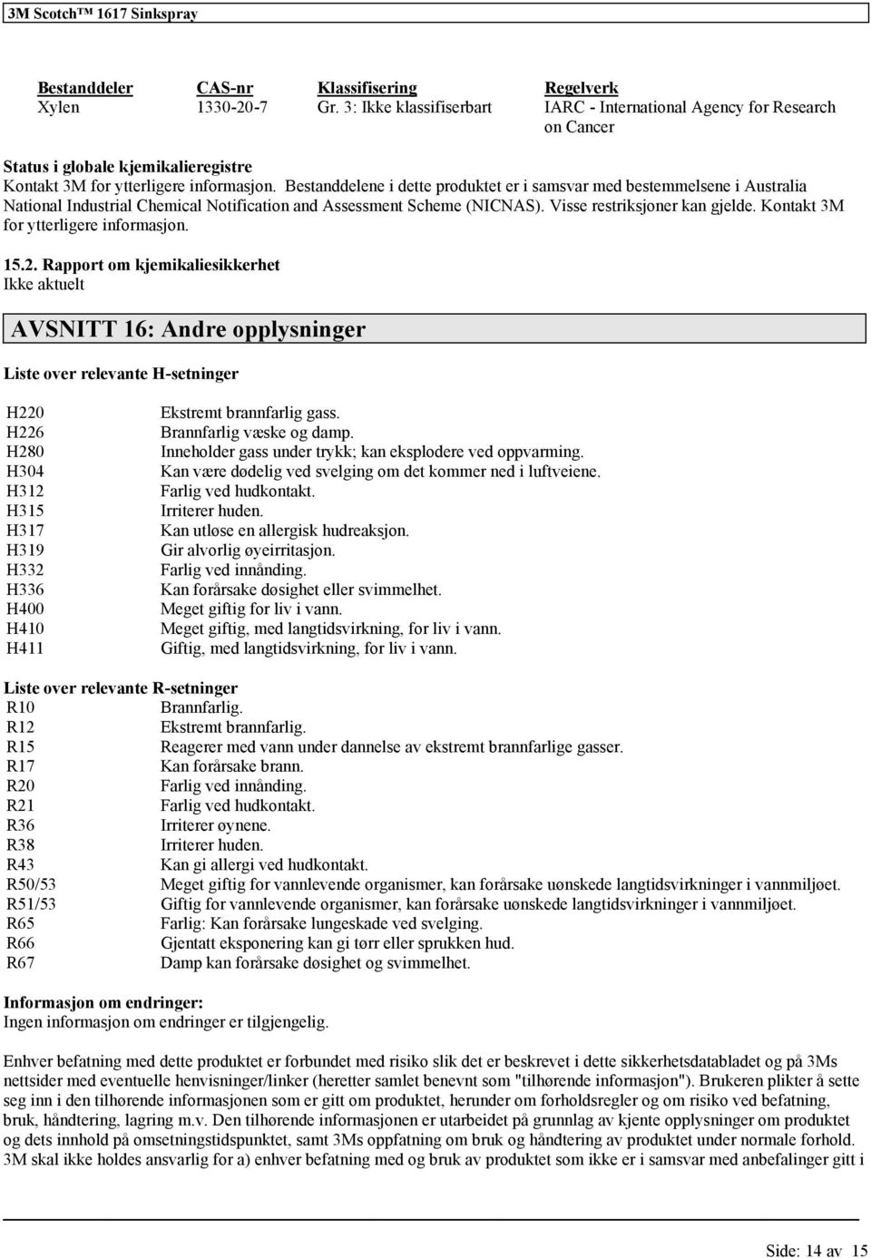 Bestanddelene i dette produktet er i samsvar med bestemmelsene i Australia National Industrial Chemical Notification and Assessment Scheme (NICNAS). Visse restriksjoner kan gjelde.