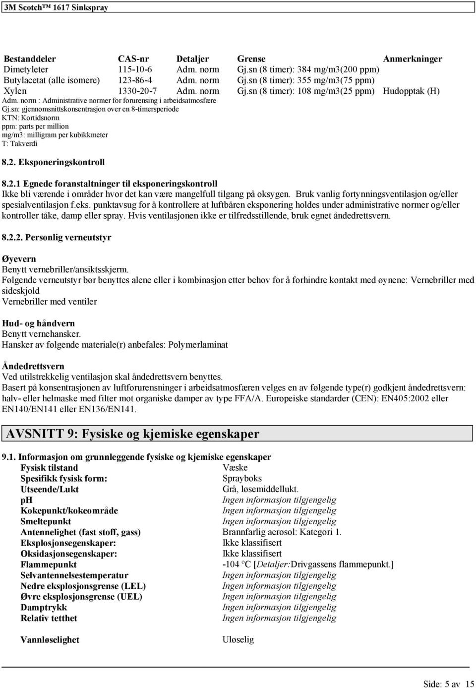 sn: gjennomsnittskonsentrasjon over en 8-timersperiode KTN: Kortidsnorm ppm: parts per million mg/m3: milligram per kubikkmeter T: Takverdi 8.2.