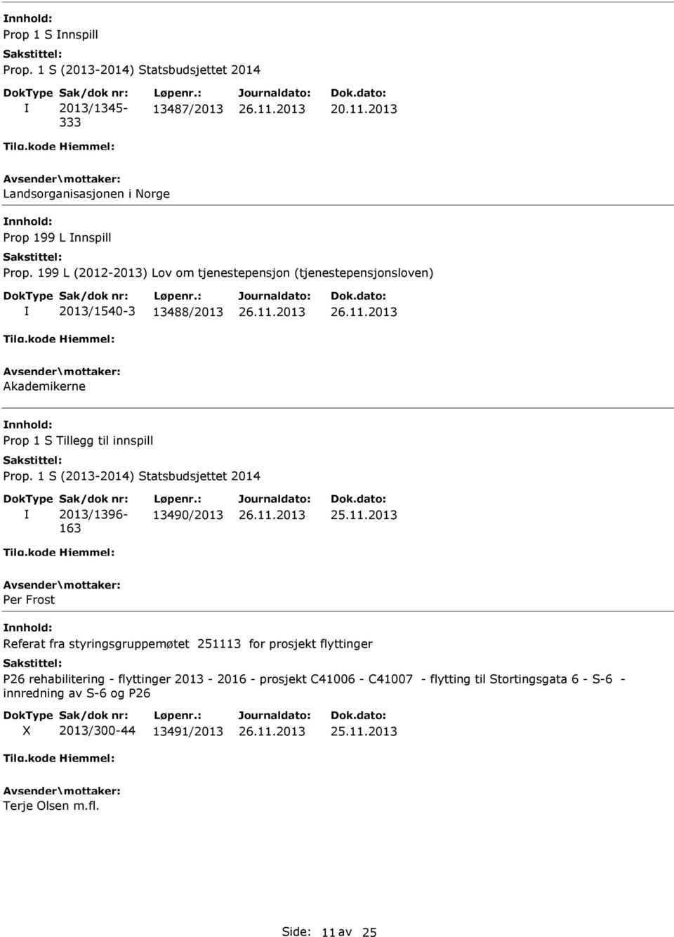 2013/1396-163 13490/2013 Per Frost Referat fra styringsgruppemøtet 251113 for prosjekt flyttinger P26 rehabilitering - flyttinger