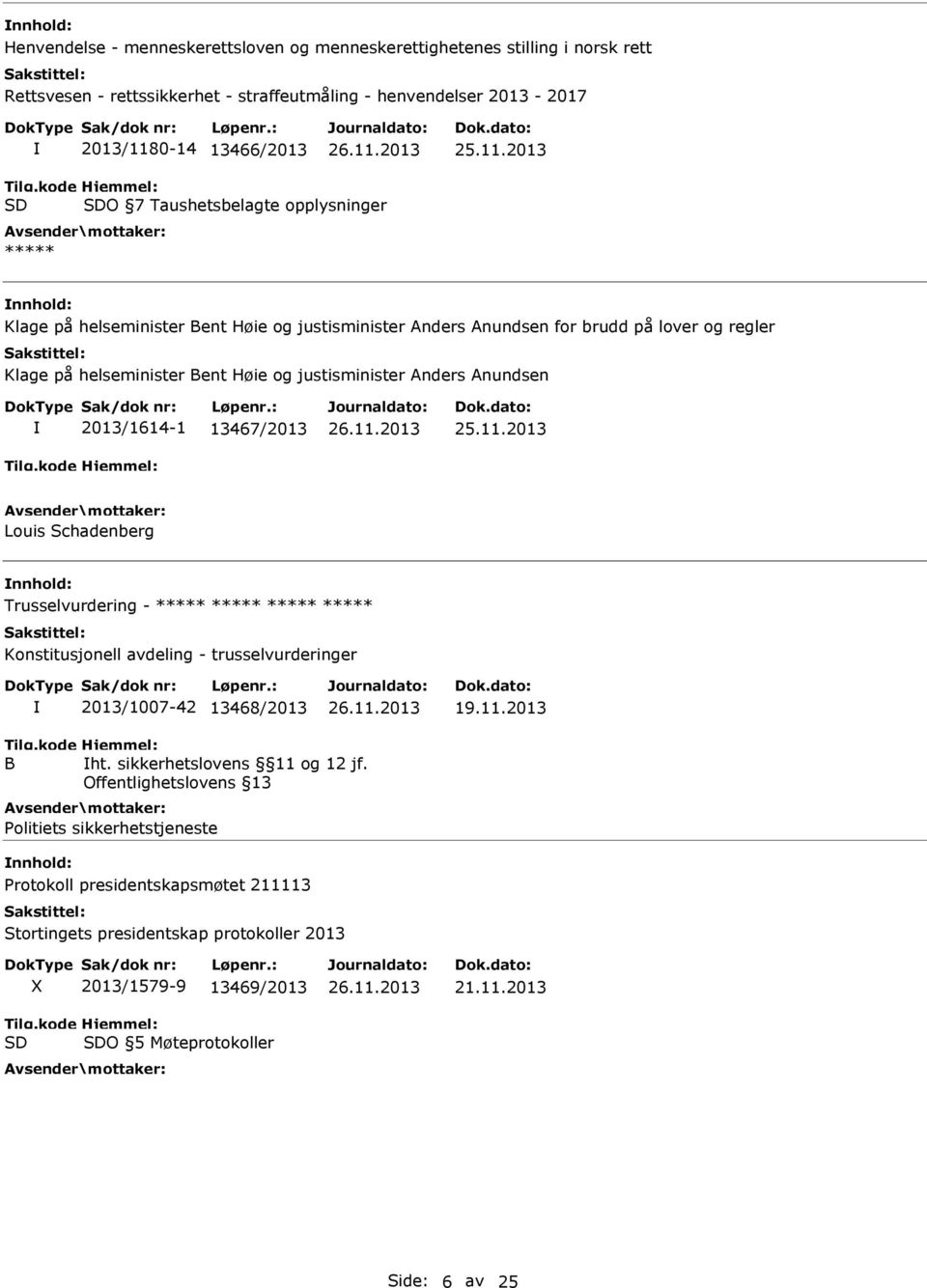 Anundsen 2013/1614-1 13467/2013 Louis Schadenberg Trusselvurdering - Konstitusjonell avdeling - trusselvurderinger 2013/1007-42 13468/2013 19.11.2013 B ht. sikkerhetslovens 11 og 12 jf.