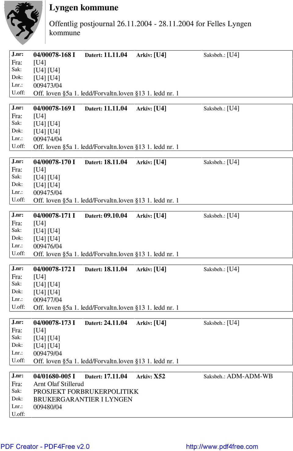 10.04 Arkiv: [U4] Saksbeh.: [U4] Lnr.: 009476/04 Off. loven 5a 1. ledd/forvaltn.loven 13 1. ledd nr. 1 J.nr: 04/00078-172 I Datert: 18.11.04 Arkiv: [U4] Saksbeh.: [U4] Lnr.: 009477/04 Off. loven 5a 1. ledd/forvaltn.loven 13 1. ledd nr. 1 J.nr: 04/00078-173 I Datert: 24.