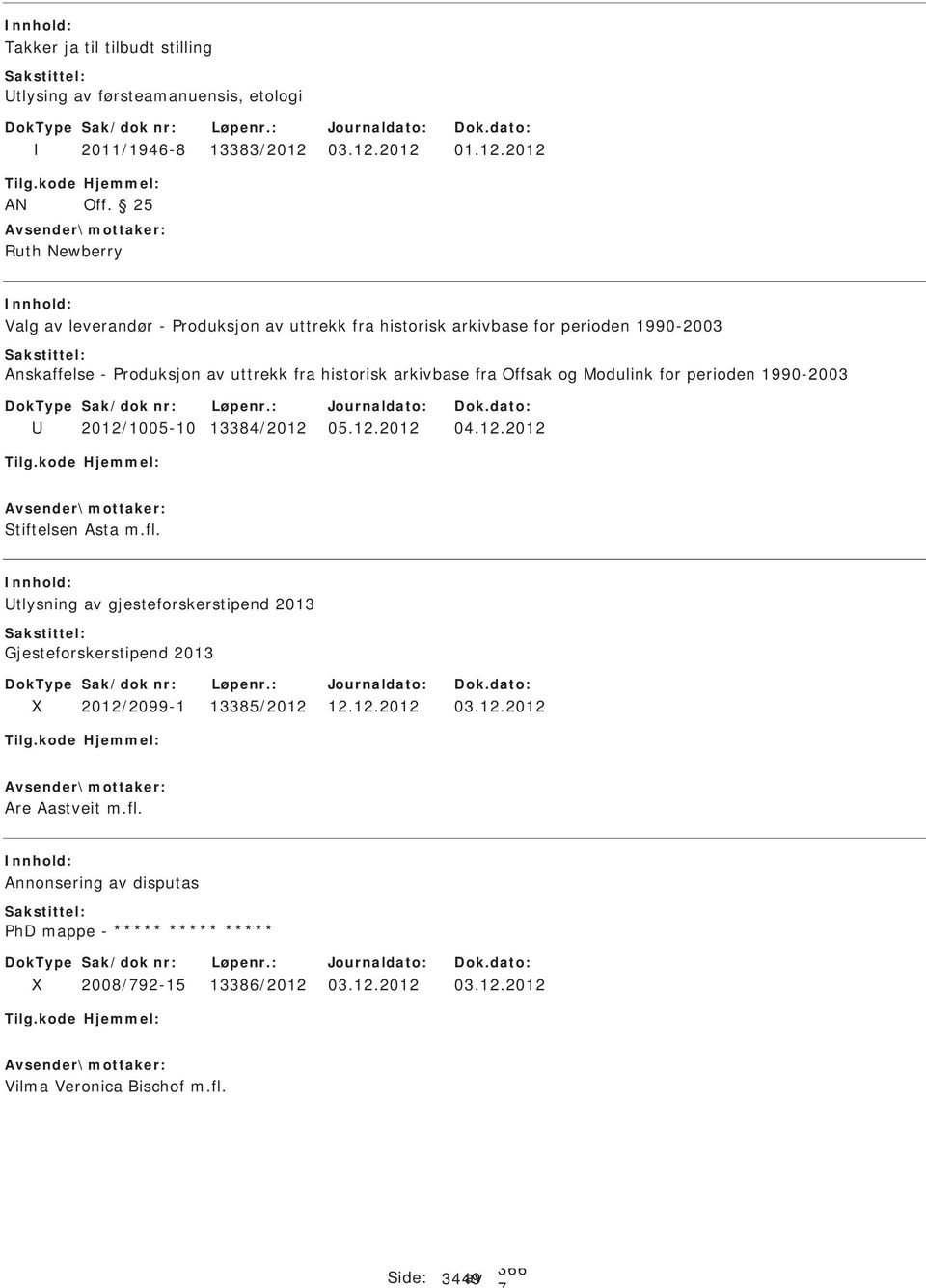 arkivbase fra Offsak og Modulink for perioden 1990-2003 2012/1005-10 13384/2012 05.12.2012 04.12.2012 tiftelsen Asta m.fl.