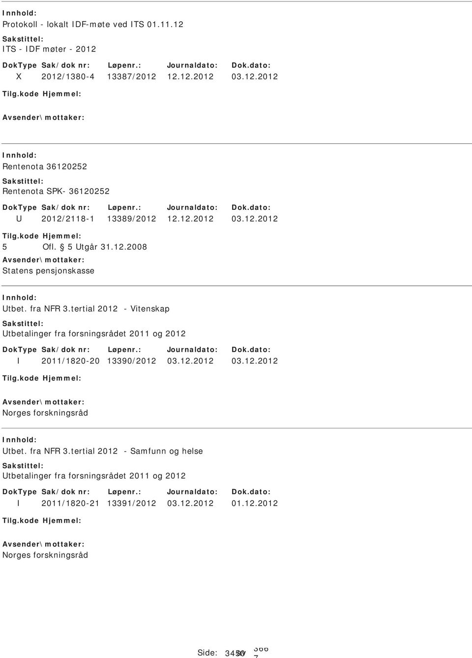 tertial 2012 - Vitenskap tbetalinger fra forsningsrådet 2011 og 2012 2011/1820-20 13390/2012 03.12.2012 03.12.2012 Norges forskningsråd tbet.