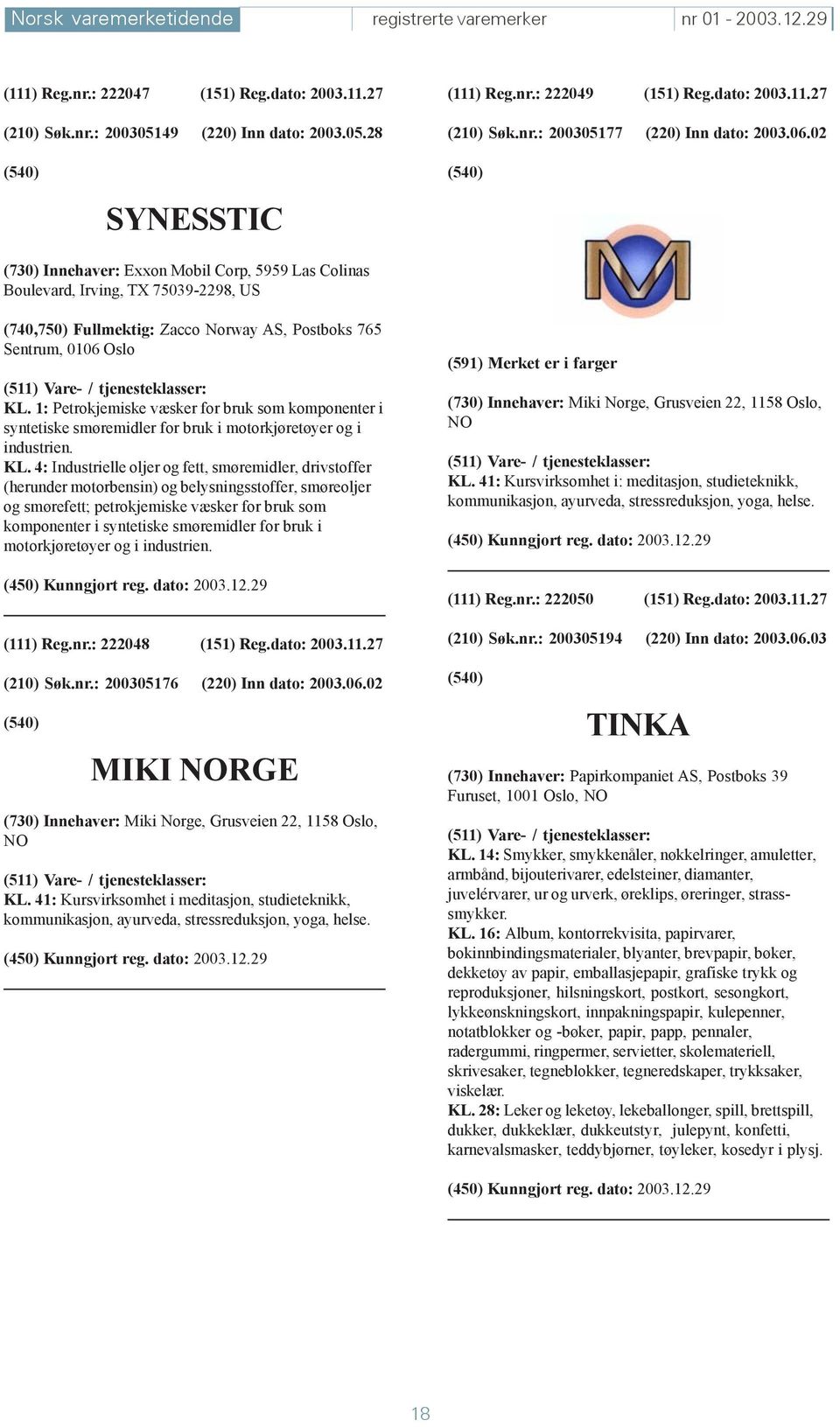 02 SYNESSTIC (730) Innehaver: Exxon Mobil Corp, 5959 Las Colinas Boulevard, Irving, TX 75039-2298, US (740,750) Fullmektig: Zacco Norway AS, Postboks 765 Sentrum, 0106 Oslo KL.