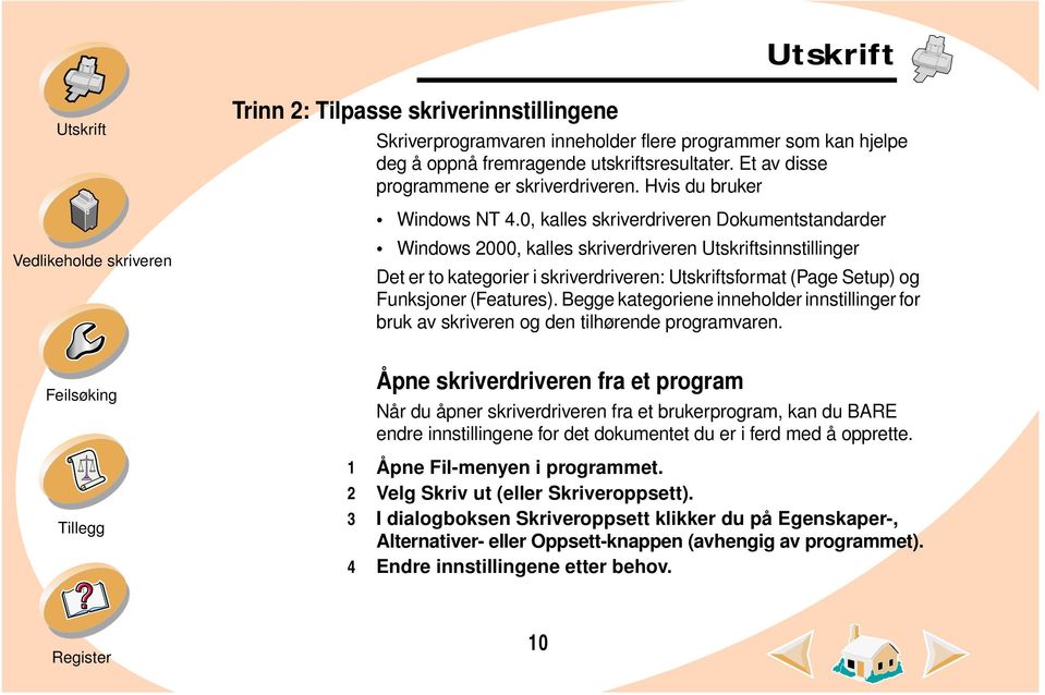 0, kalles skriverdriveren Dokumentstandarder Windows 2000, kalles skriverdriveren sinnstillinger Det er to kategorier i skriverdriveren: sformat (Page Setup) og Funksjoner (Features).